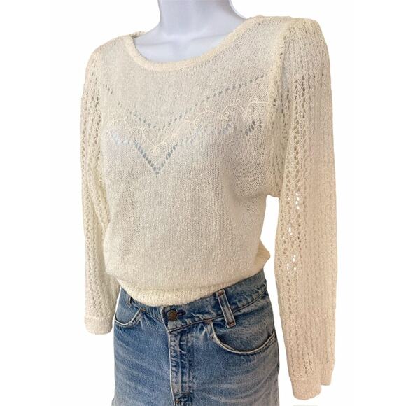 Vintage 70s 80s Boho Cottage Preppy Cream White Thin Knit Embroidered Sweater - Picture 3 of 8